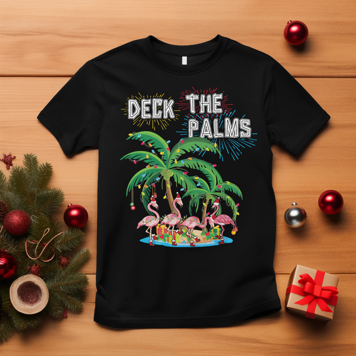 Christmas In Hawaii T Shirt Deck the Palms Firework Merry Christmas Flamingo TS09 Black - Polynesian Pride