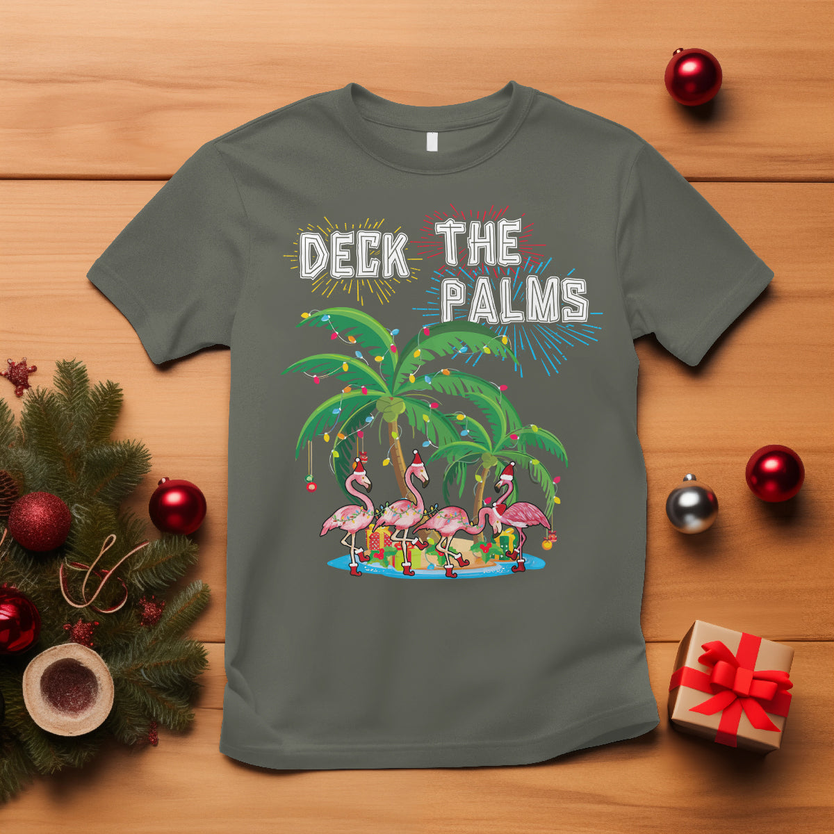 Christmas In Hawaii T Shirt Deck the Palms Firework Merry Christmas Flamingo TS09 Military Green - Polynesian Pride