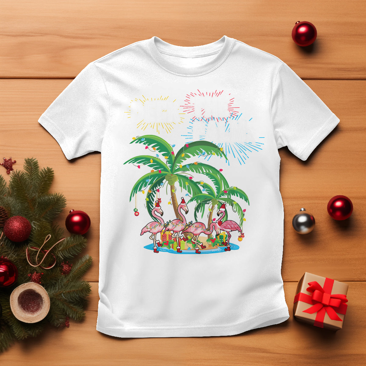 Christmas In Hawaii T Shirt Deck the Palms Firework Merry Christmas Flamingo TS09 White - Polynesian Pride