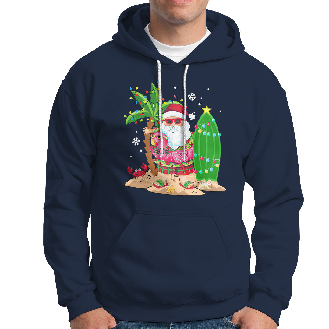 Christmas In Hawaii Hoodie Flamingo Float Xmas Palm Tree Surfboard Cute Santa At Beach TS09 Navy - Polynesian Pride