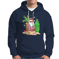Christmas In Hawaii Hoodie Flamingo Float Xmas Palm Tree Surfboard Cute Santa At Beach TS09 Navy - Polynesian Pride