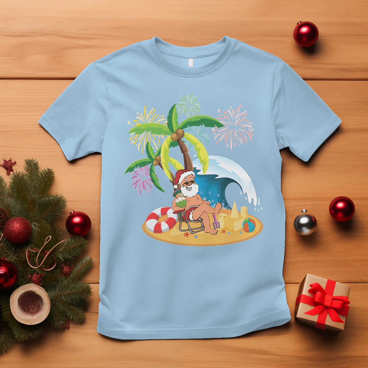 Christmas In Hawaii T Shirt Palm Tree Firework Santa At Beach Drinking Coconut TS09 Light Blue - Polynesian Pride
