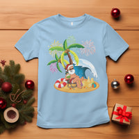 Christmas In Hawaii T Shirt Palm Tree Firework Santa At Beach Drinking Coconut TS09 Light Blue - Polynesian Pride
