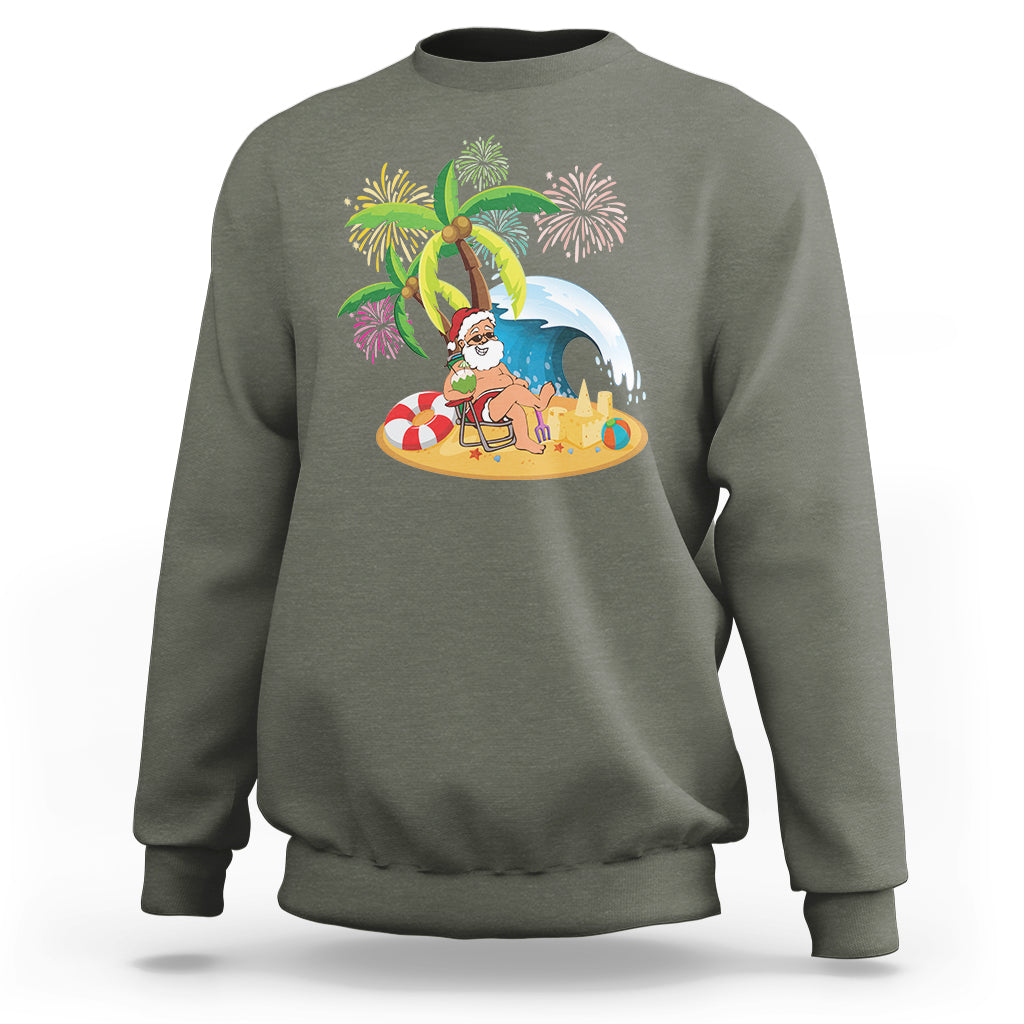 Christmas In Hawaii Sweatshirt Palm Tree Firework Santa At Beach Drinking Coconut TS09 Military Green - Polynesian Pride