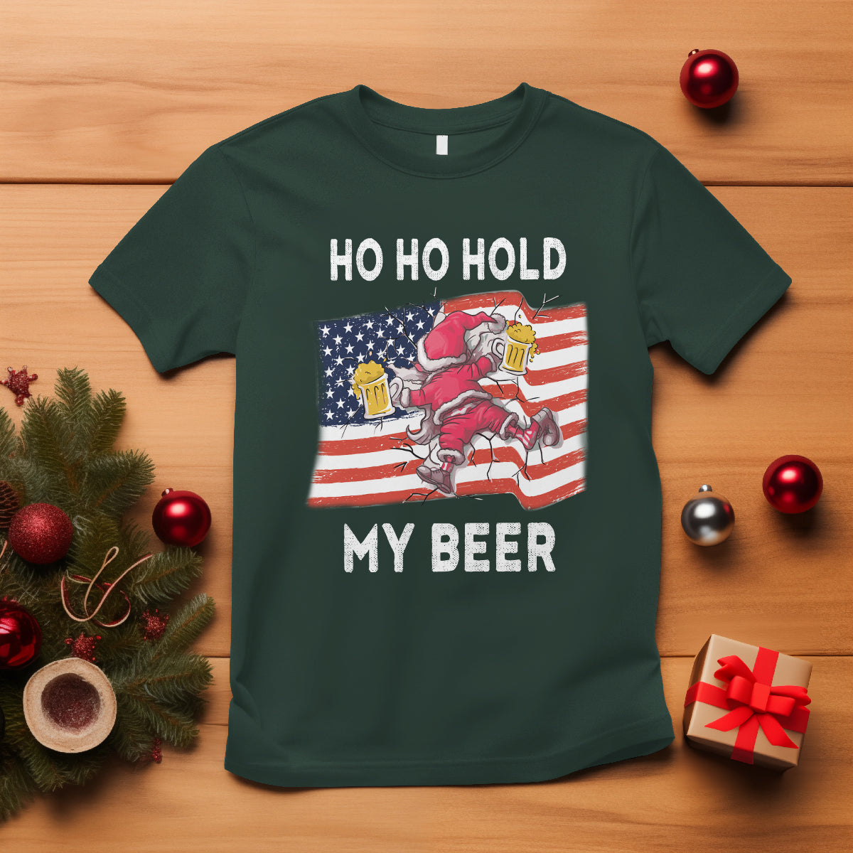 Christmas In Hawaii T Shirt Ho Ho Hold My Beer Drunk Santa USA Flag TS09 Dark Forest Green - Polynesian Pride