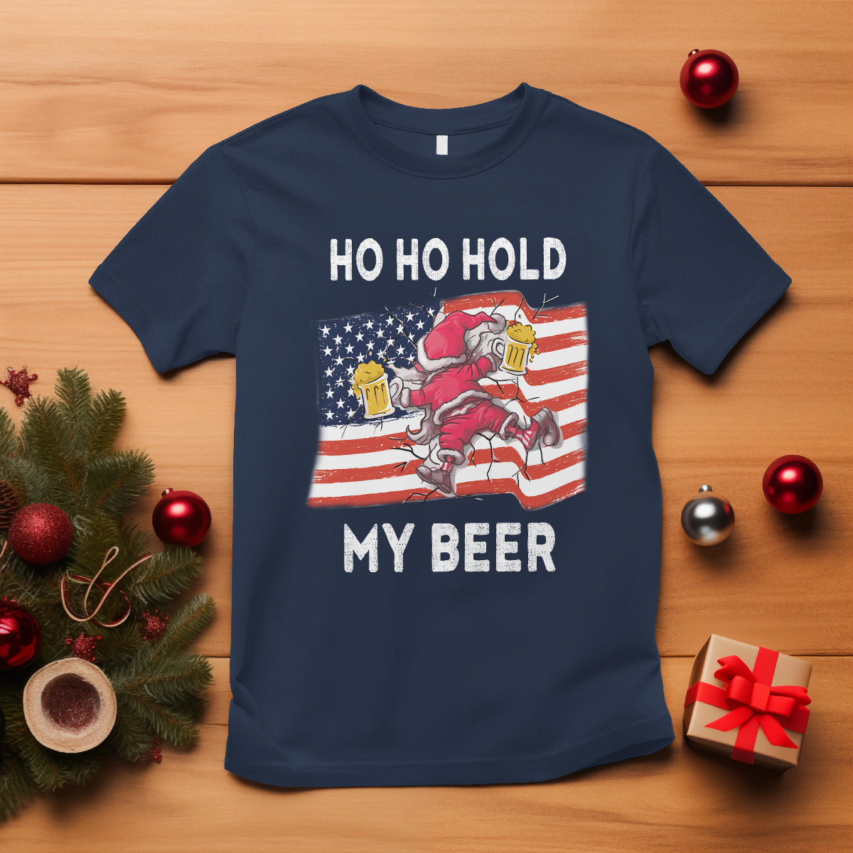 Christmas In Hawaii T Shirt Ho Ho Hold My Beer Drunk Santa USA Flag TS09 Navy - Polynesian Pride
