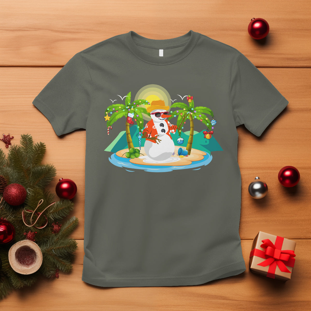 Christmas In Hawaii T Shirt Hawaiian Snowman Xmas Palm Tree At The Beach TS09 Military Green - Polynesian Pride