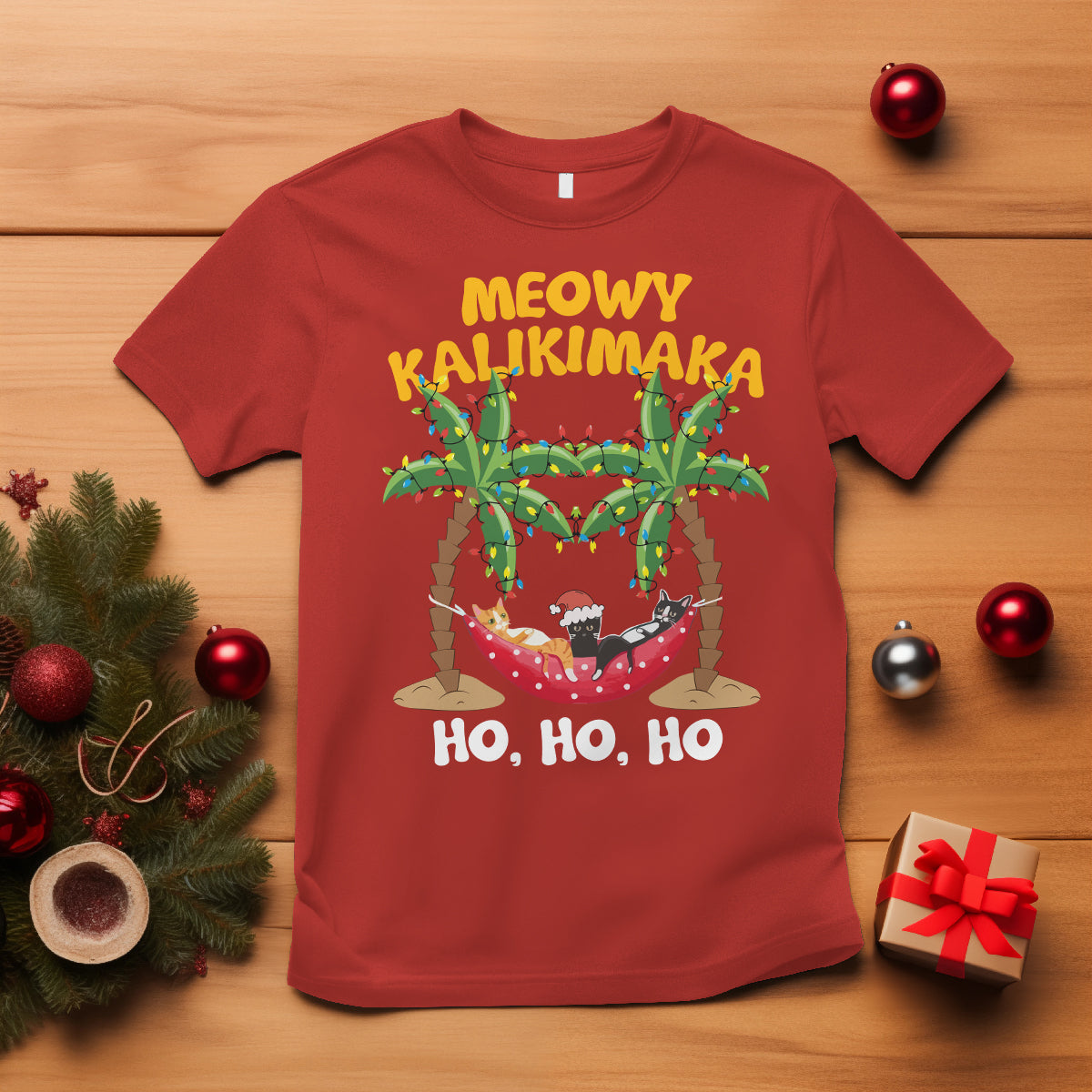 Christmas In Hawaii T Shirt Meowy Kalikimaka Cat Chillin' Ho Ho Ho Xmas Palm Tree TS09 Red - Polynesian Pride