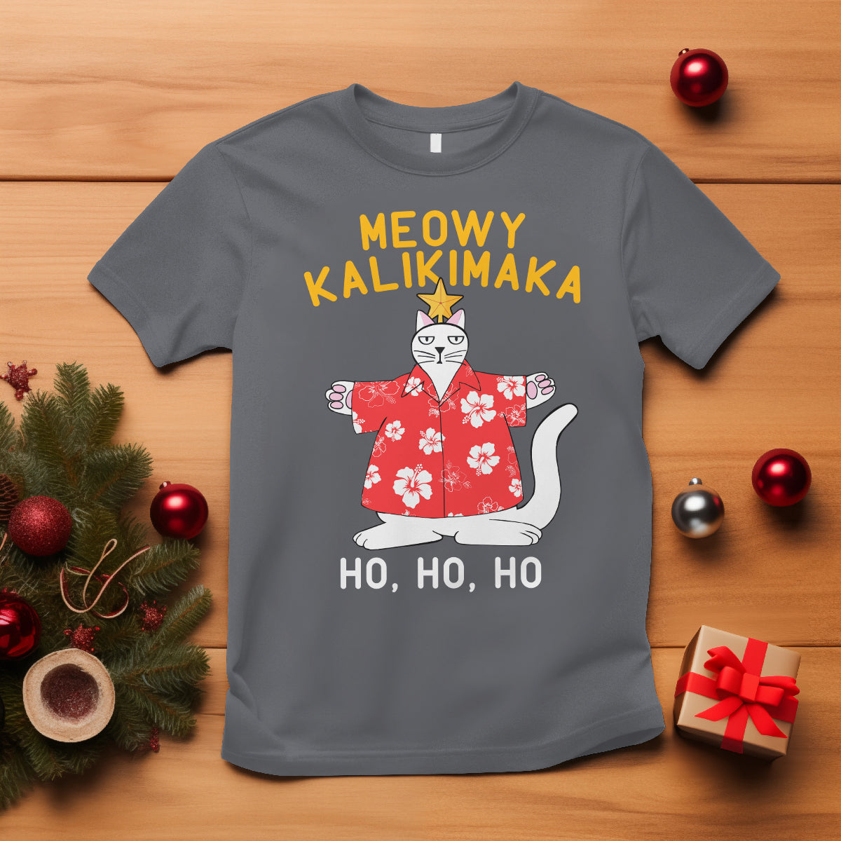 Christmas In Hawaii T Shirt Meowy Kalikimaka Hawaiian Cat Ho Ho Ho Xmas Tree TS09 Charcoal - Polynesian Pride