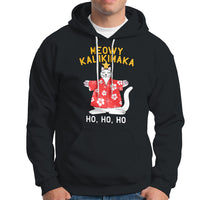 Christmas In Hawaii Hoodie Meowy Kalikimaka Hawaiian Cat Ho Ho Ho Xmas Tree TS09 Black - Polynesian Pride