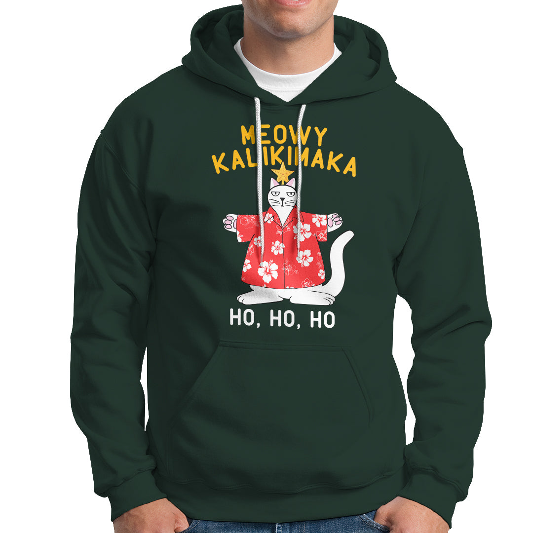 Christmas In Hawaii Hoodie Meowy Kalikimaka Hawaiian Cat Ho Ho Ho Xmas Tree TS09 Dark Forest Green - Polynesian Pride