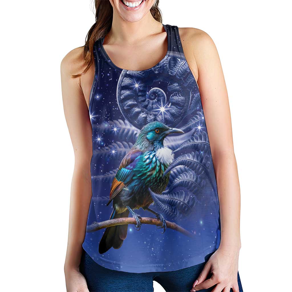 Tui Bird Matariki Galaxy Women Racerback Tank Koru Silver Fern Aotearoa LT9 - Polynesian Pride