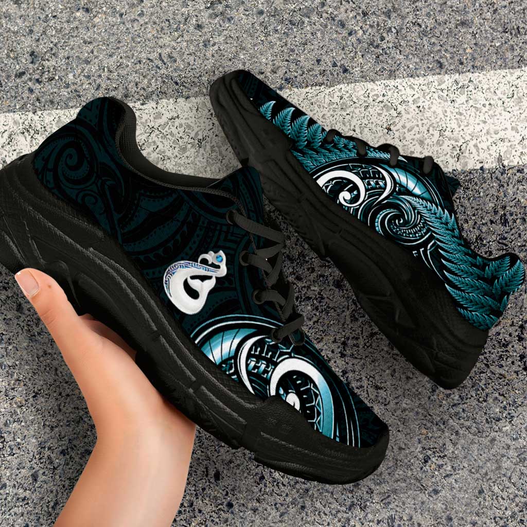 Turquoise New Zealand Chunky Sneakers Aotearoa Silver Fern With Manaia Maori Unique LT14 - Polynesian Pride
