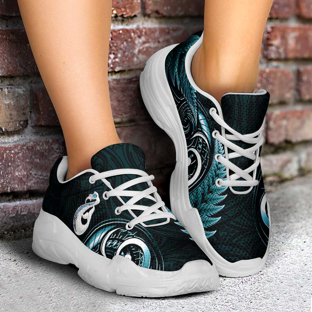 Turquoise New Zealand Chunky Sneakers Aotearoa Silver Fern With Manaia Maori Unique LT14 - Polynesian Pride