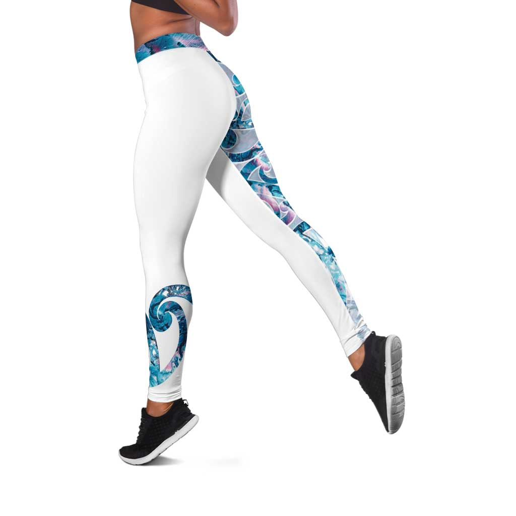 Turquoise Paua Shell Maori Leggings Koru Kowhaiwhai LT7 White - Polynesian Pride