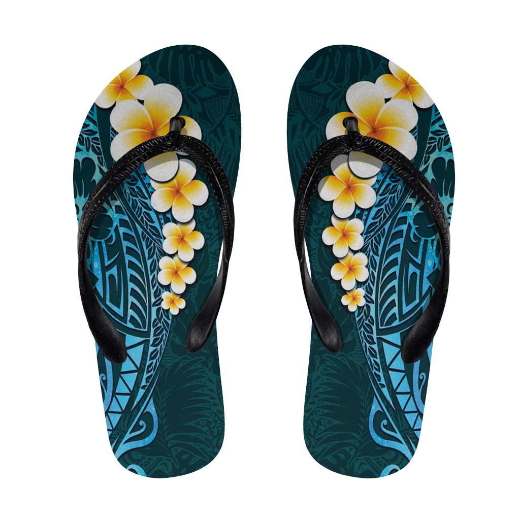 Turquoise Polynesia Flip Flops Plumeria Tropical Leaves Galaxy Polynesian Art - Polynesian Pride