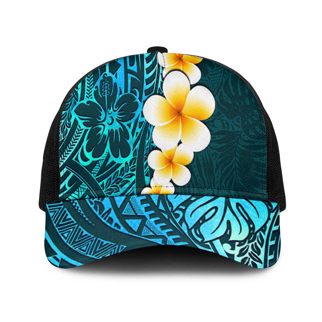 Turquosie Polynesia Baseball Net Cap Plumeria Tropical Leaves With Galaxy Polynesian Art - Polynesian Pride