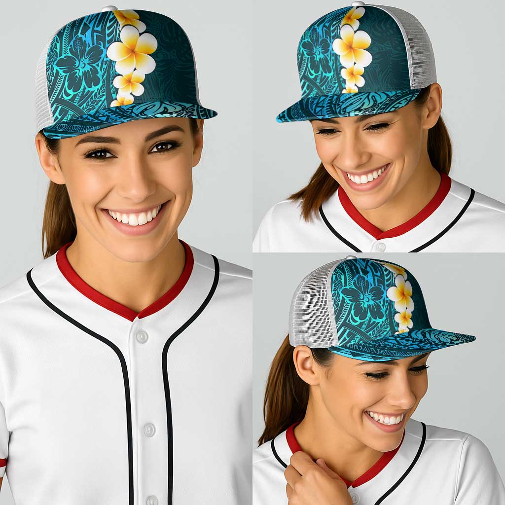 Turquosie Polynesia Baseball Net Cap Plumeria Tropical Leaves With Galaxy Polynesian Art - Polynesian Pride