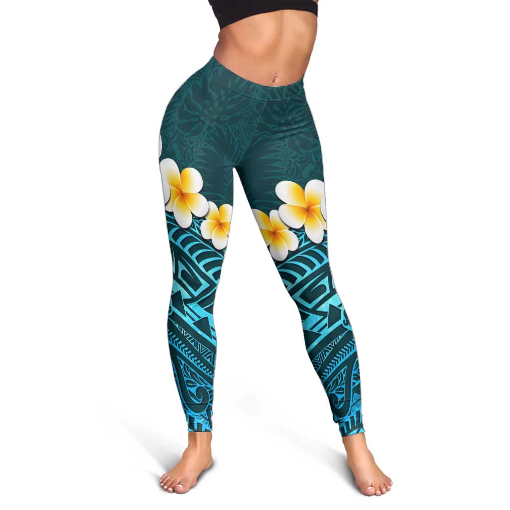 Turquosie Polynesia Leggings Plumeria Tropical Leaves With Galaxy Polynesian Art - Polynesian Pride