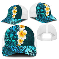 Turquosie Polynesia Mesh Trucker Cap Plumeria Tropical Leaves With Galaxy Polynesian Art - Polynesian Pride