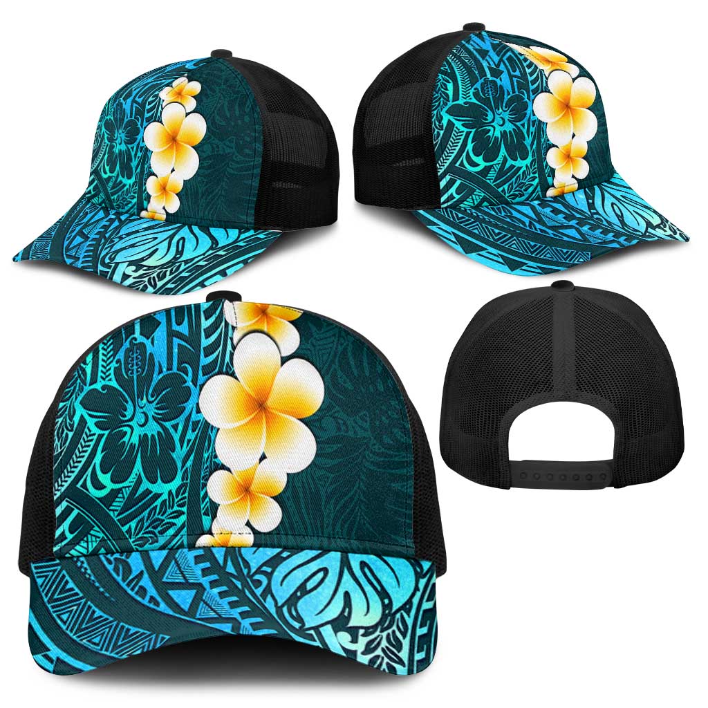 Turquosie Polynesia Mesh Trucker Cap Plumeria Tropical Leaves With Galaxy Polynesian Art - Polynesian Pride