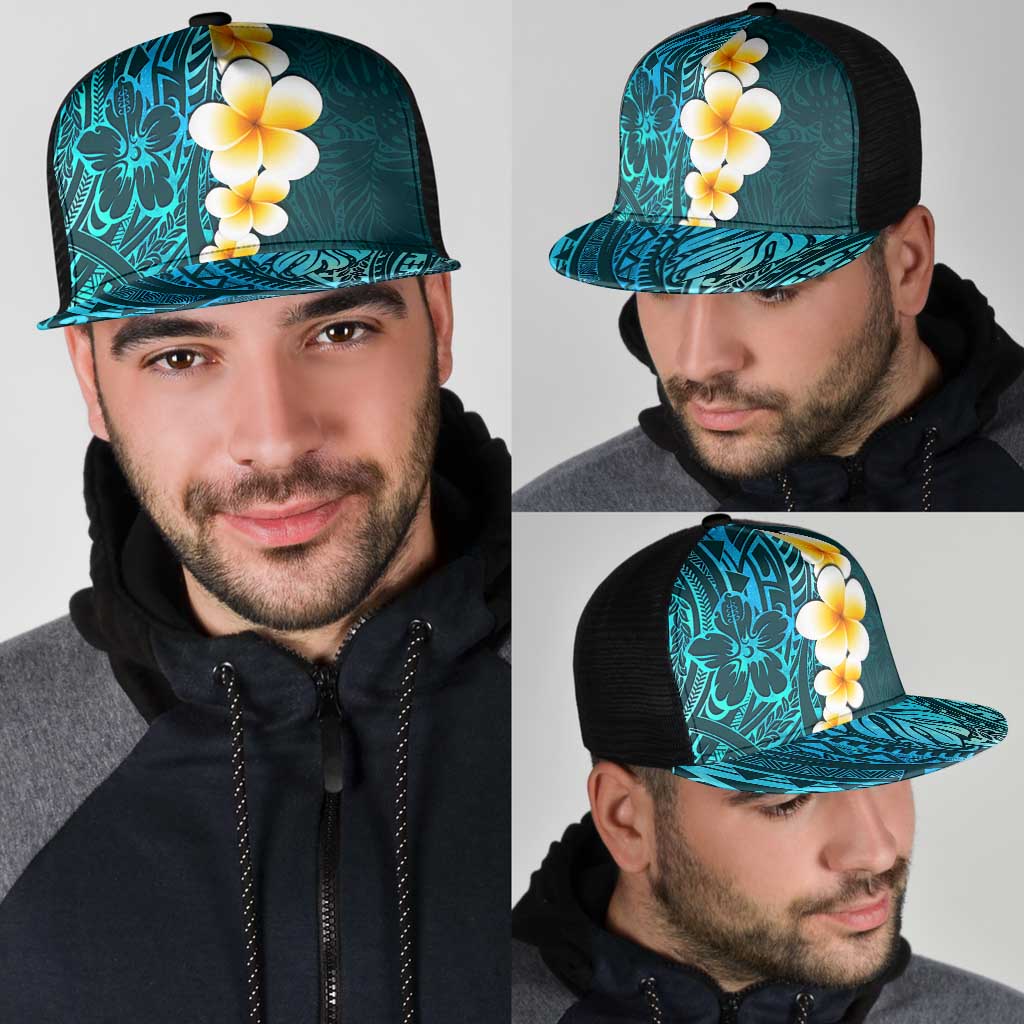 Turquosie Polynesia Mesh Trucker Cap Plumeria Tropical Leaves With Galaxy Polynesian Art - Polynesian Pride