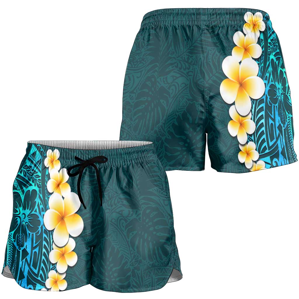 Turquosie Polynesia Shorts for Women Plumeria Tropical Leaves With Galaxy Polynesian Art LT14 - Polynesian Pride