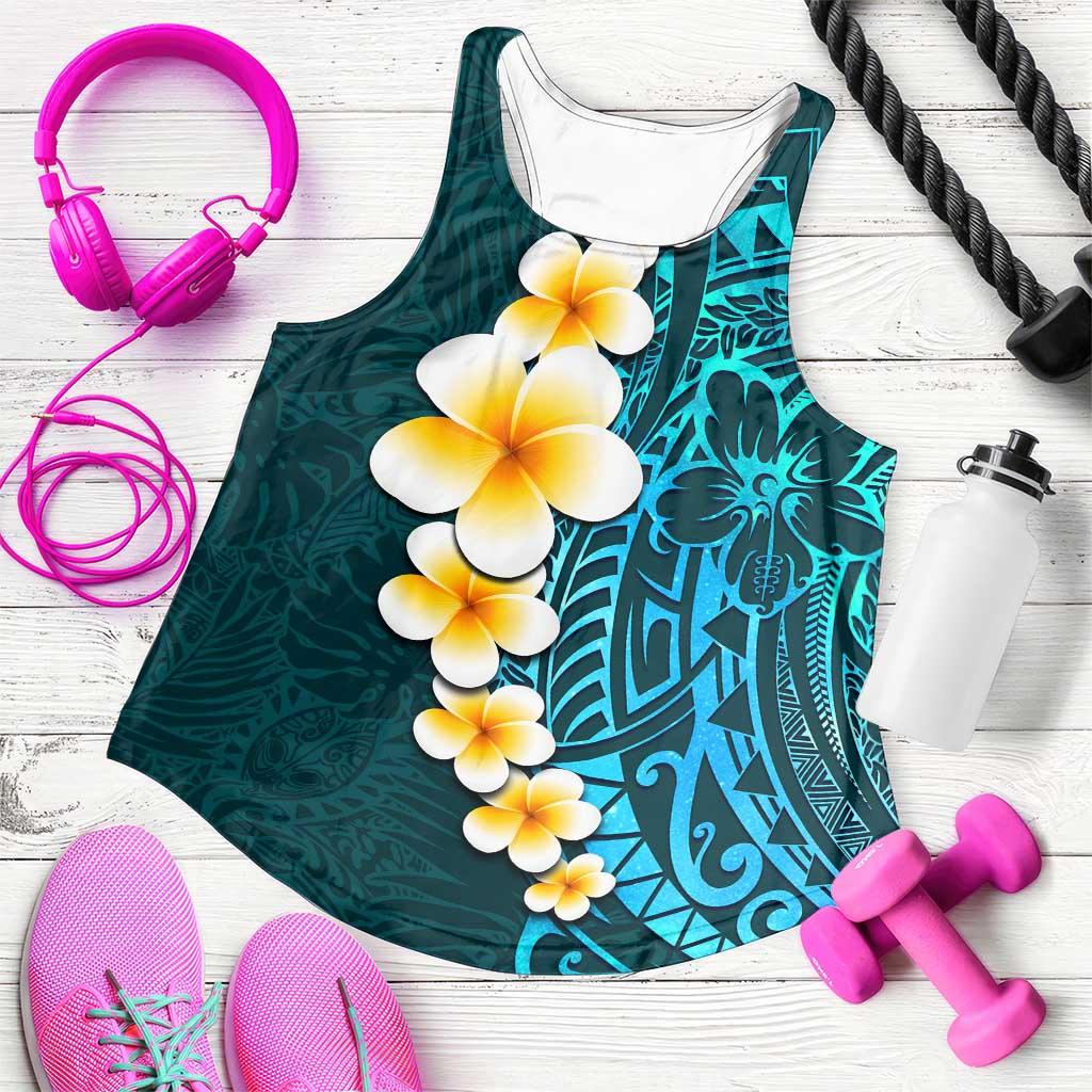 Turquosie Polynesia Women Racerback Tank Plumeria Tropical Leaves With Galaxy Polynesian Art - Polynesian Pride