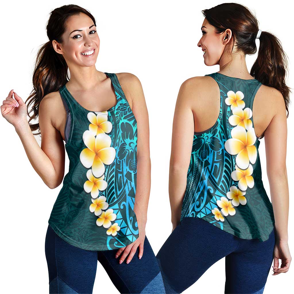 Turquosie Polynesia Women Racerback Tank Plumeria Tropical Leaves With Galaxy Polynesian Art - Polynesian Pride