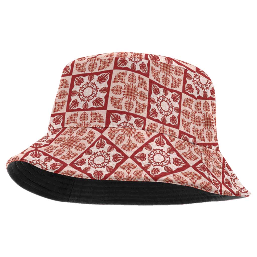 Ulaula Palaka Quilt Hawaii Bucket Hat Hawaiian Tropical Monstera Sea Turtle LT14 One Size Red - Polynesian Pride