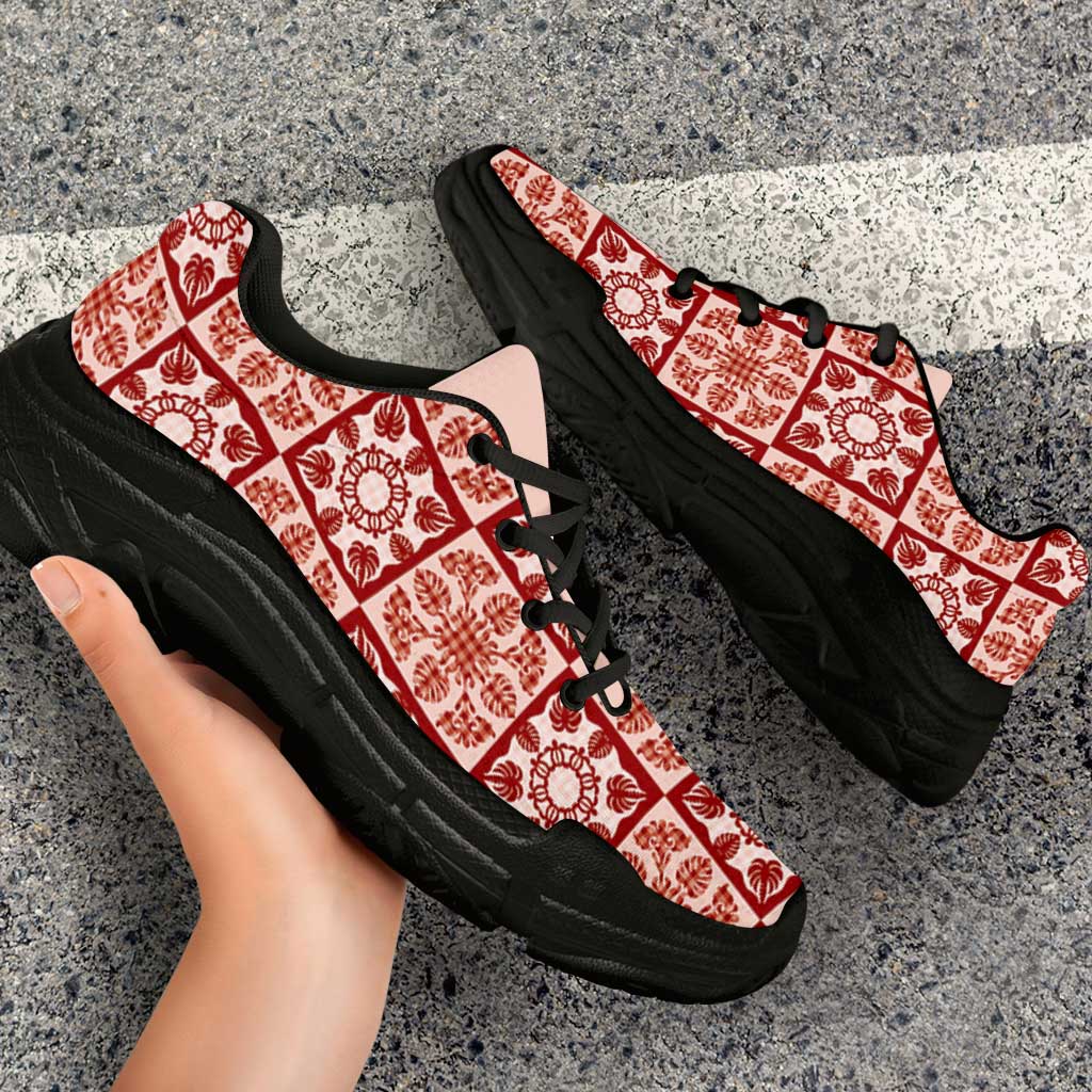 Ulaula Palaka Quilt Hawaii Chunky Sneakers Hawaiian Tropical Monstera Sea Turtle LT14 - Polynesian Pride