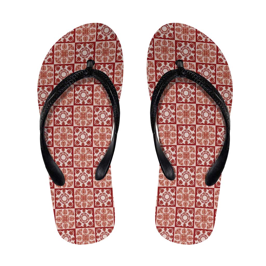 Ulaula Palaka Quilt Hawaii Flip Flops Hawaiian Tropical Monstera Sea Turtle LT14 Red - Polynesian Pride