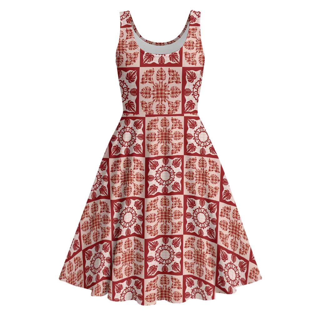 Ulaula Palaka Quilt Hawaii Midi Dress Hawaiian Tropical Monstera Sea Turtle LT14 Red - Polynesian Pride