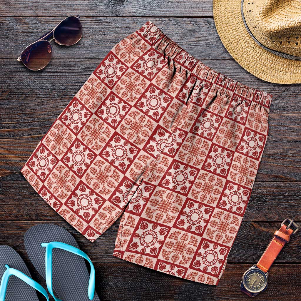 Ulaula Palaka Quilt Hawaii Shorts for Men Hawaiian Tropical Monstera Sea Turtle LT14 Red - Polynesian Pride