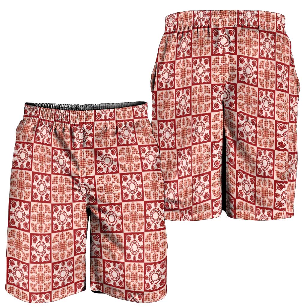 Ulaula Palaka Quilt Hawaii Shorts for Men Hawaiian Tropical Monstera Sea Turtle LT14 - Polynesian Pride