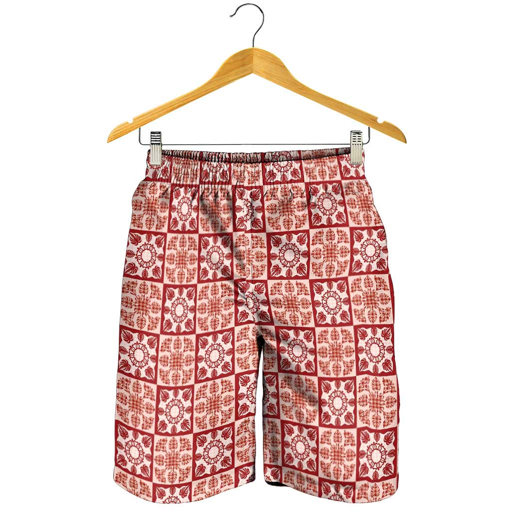 Ulaula Palaka Quilt Hawaii Shorts for Men Hawaiian Tropical Monstera Sea Turtle LT14 - Polynesian Pride
