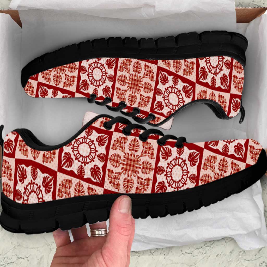 Ulaula Palaka Quilt Hawaii Sneakers Hawaiian Tropical Monstera Sea Turtle LT14 Red - Polynesian Pride