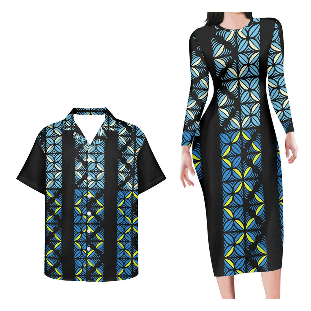Polynesian Pride Hawaii Matching Outfit For Couples Polynesian Tribal Blue Pattern Bodycon Dress And Black Hawaii Shirt - Polynesian Pride