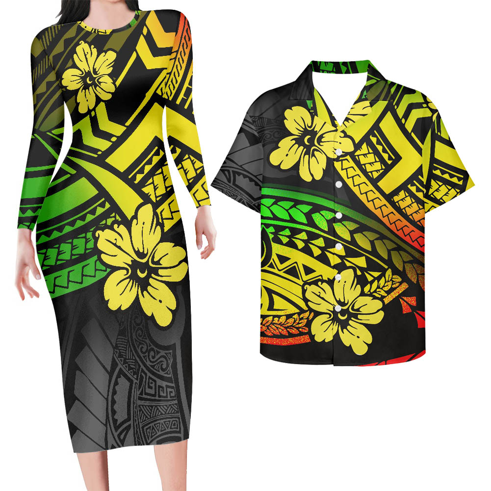 Polynesian Pride Hawaii Matching Outfit For Couples Hawaii Yellow Flowers Tattoo Pattern Bodycon Dress And Hawaii Shirt - Polynesian Pride