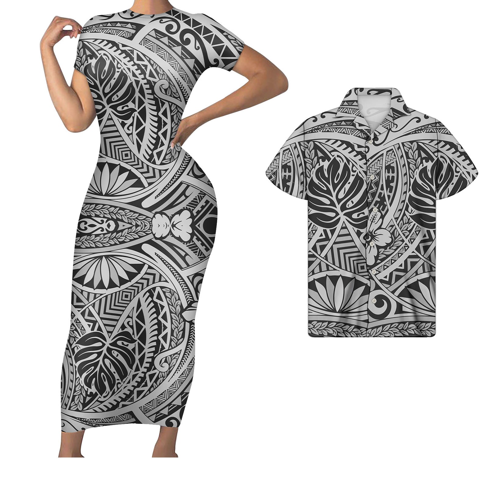 Polynesian Pride Hawaii Matching Outfit For Couples Tropical Palm Leaf Hawaii Floral Grey Bodycon Dress And Hawaii Shirt - Polynesian Pride