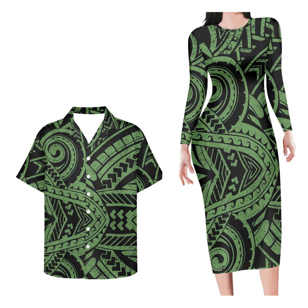 Polynesian Pride Matching Outfit For Couples Polynesian Tribal Green Pattern Long Sleeve Bodycon Dress And Hawaii Shirt - Polynesian Pride
