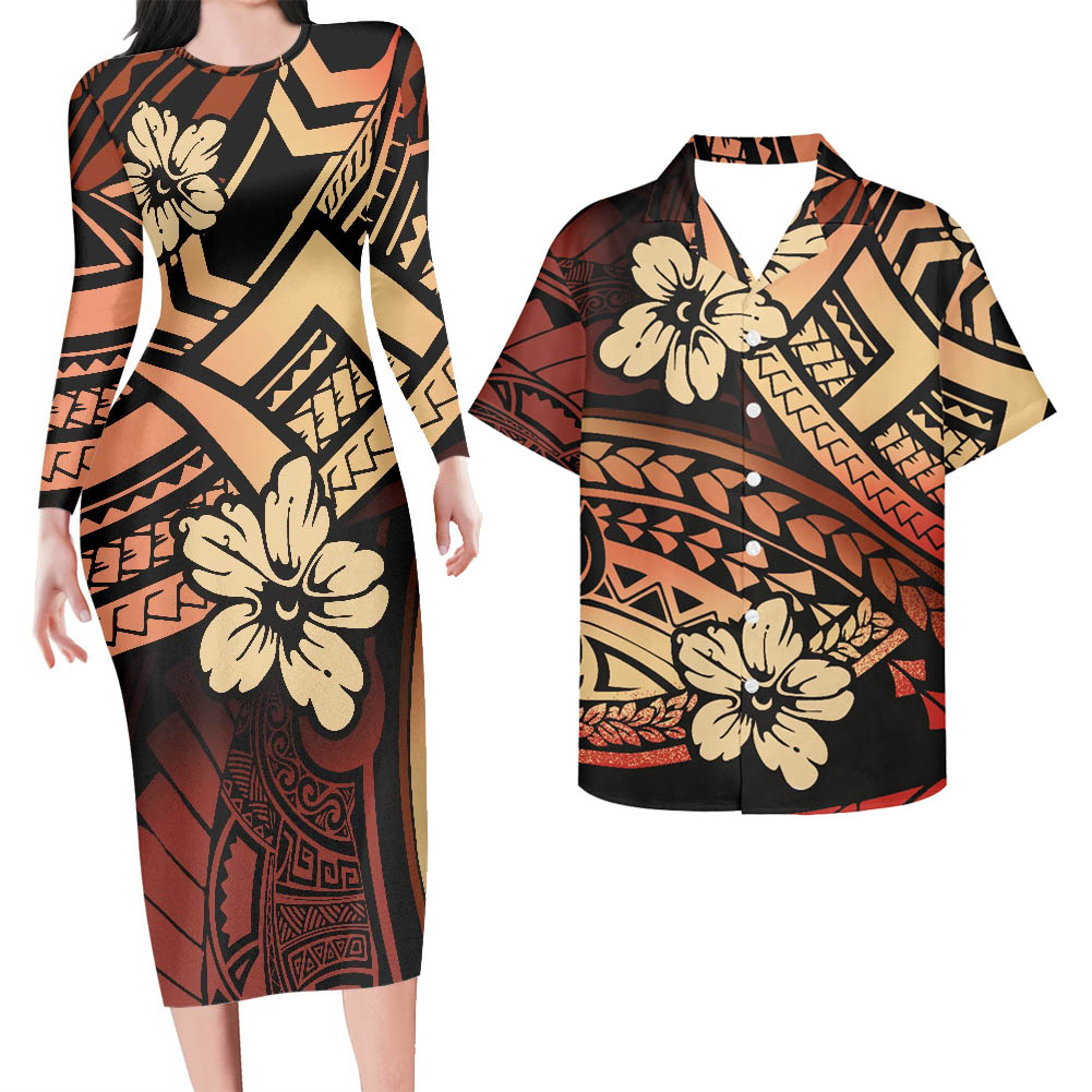 Polynesian Pride Hawaii Matching Clothes For Couples Hawaii Floral Tattoo Pattern Bodycon Dress And Hawaii Shirt - Polynesian Pride