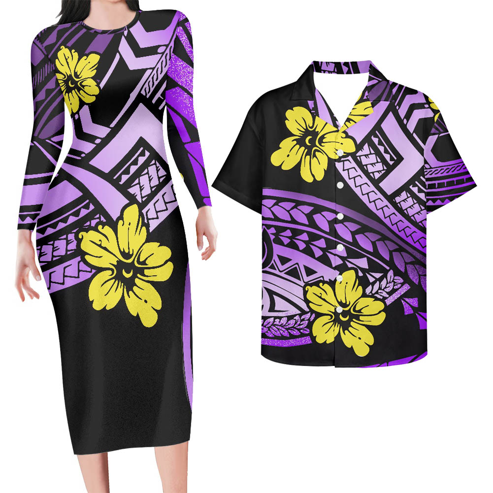 Polynesian Pride Hawaii Matching Outfit For Couples Hawaii Flowers Tattoo Curve Purple Style Bodycon Dress And Hawaii Shirt - Polynesian Pride