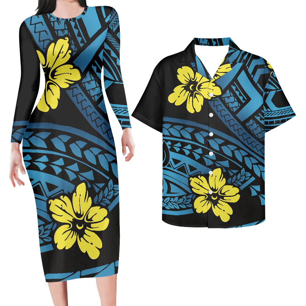 Polynesian Pride Hawaii Matching Outfit For Couples Hawaii Flowers Tattoo Curve Blue Style Bodycon Dress And Hawaii Shirt - Polynesian Pride