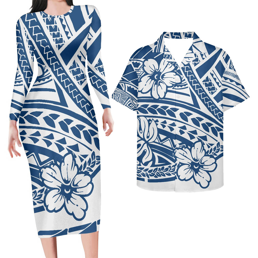 Polynesian Pride Hawaii Matching Clothes For Couples Hawaii Floral Polynesian Tribal Pattern Bodycon Dress And Hawaii Shirt - Polynesian Pride