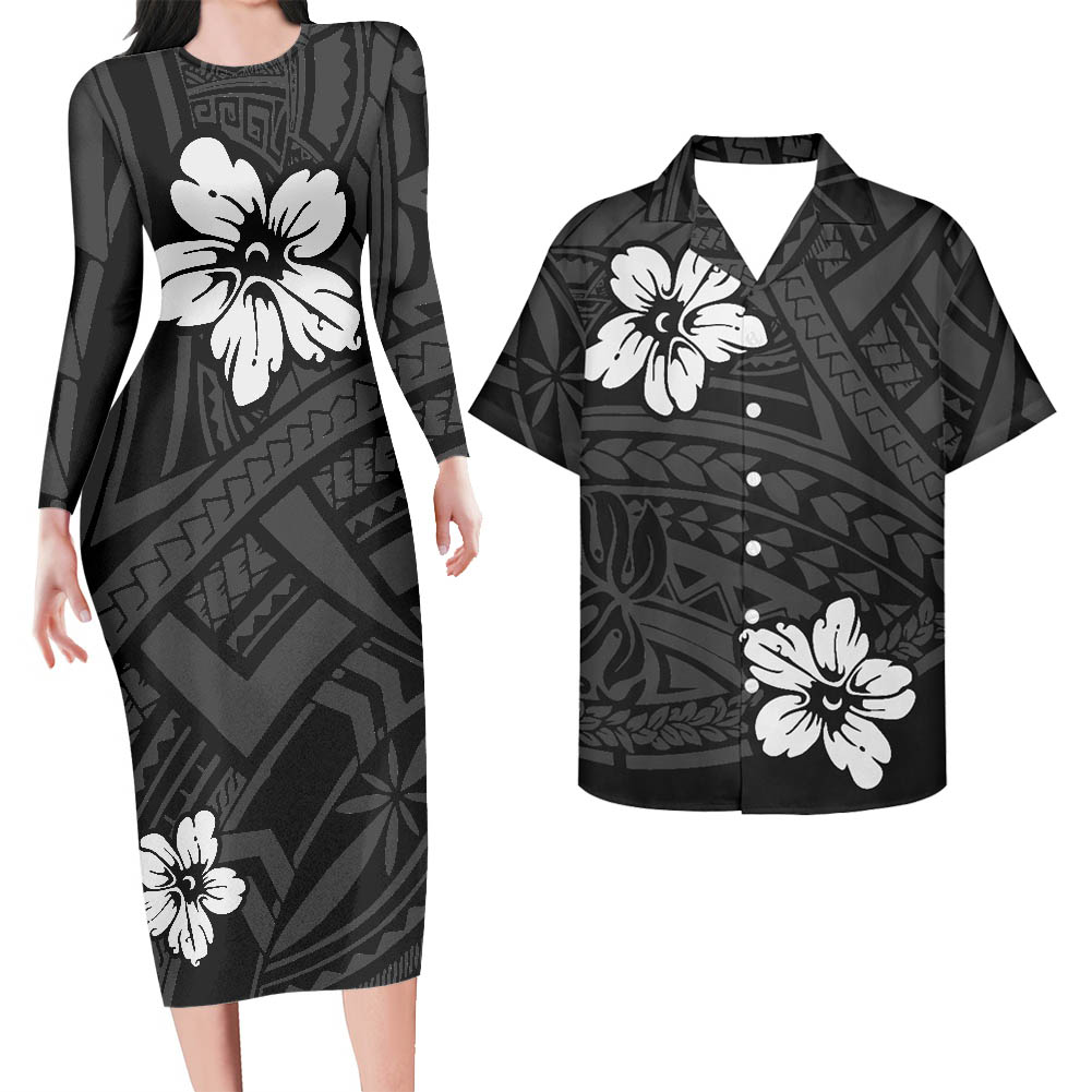 Polynesian Pride Hawaii Outfit For Couples Hawaii Hibicus Flowers Black Style Bodycon Dress And Hawaii Shirt - Polynesian Pride