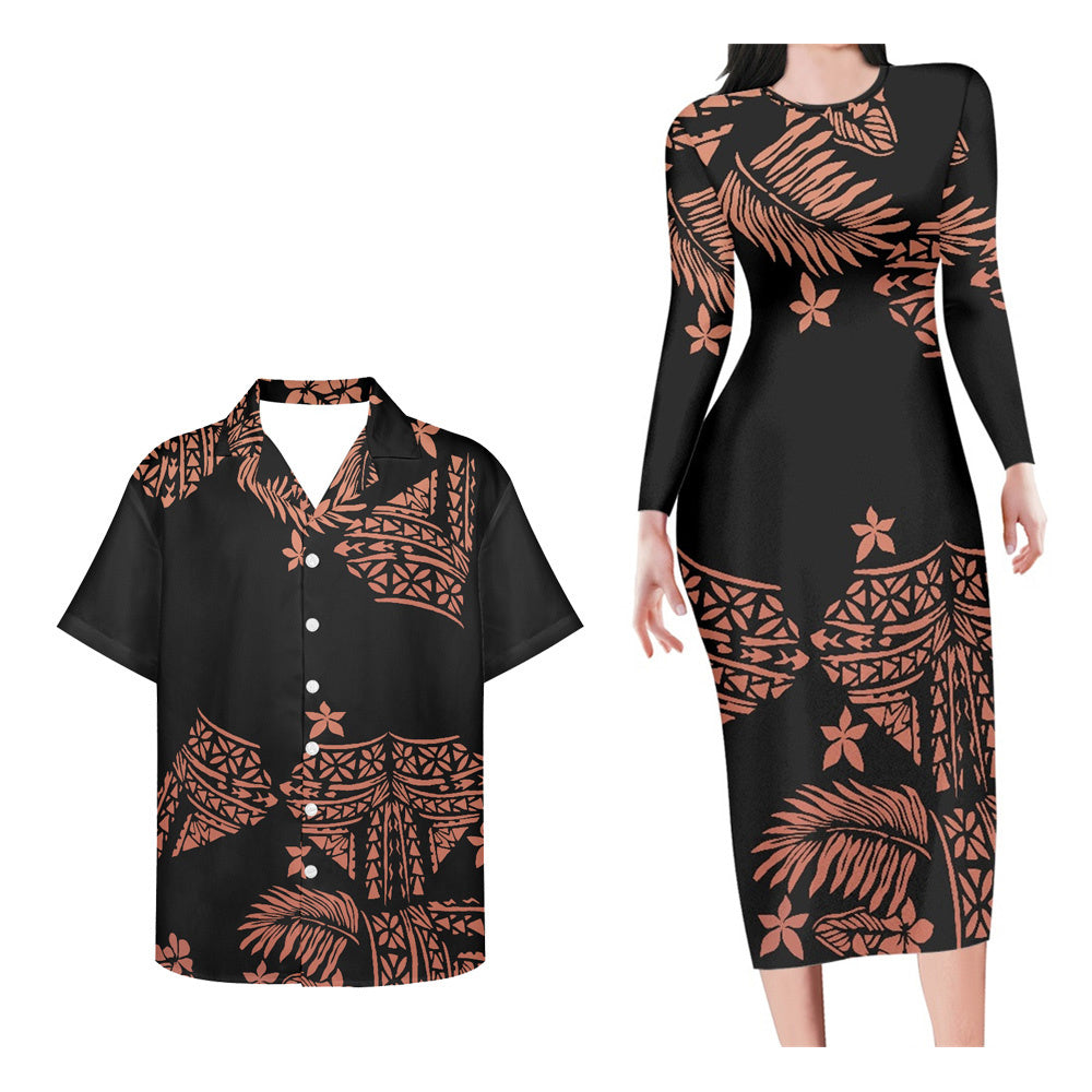 Polynesian Pride Hawaii Pattern Matching Outfit For Couples Long Sleeve Bodycon Dress And Hawaii Shirt - Polynesian Pride