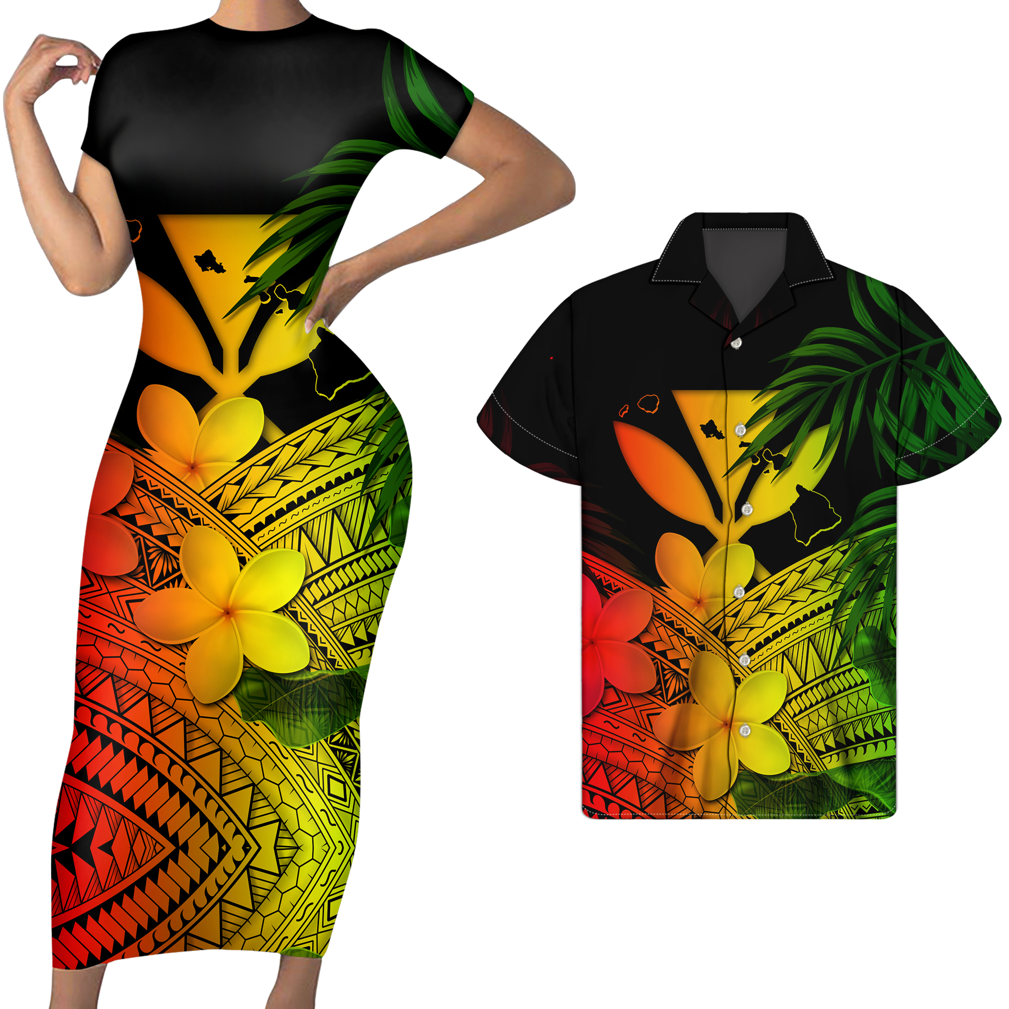 Polynesian Pride Matching Clothes For Couples Kanaka Maoli Hawaii Plumeria Yellow Flowers Bodycon Dress And Hawaii Shirt - Polynesian Pride