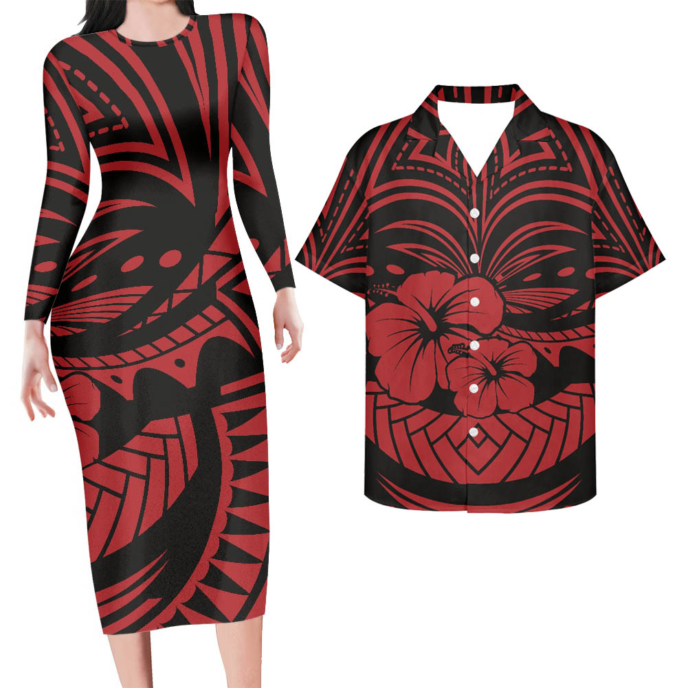 Polynesian Pride Hawaii Matching Outfit For Couples Hawaii Hibiscus Red Bodycon Dress And Hawaii Shirt - Polynesian Pride