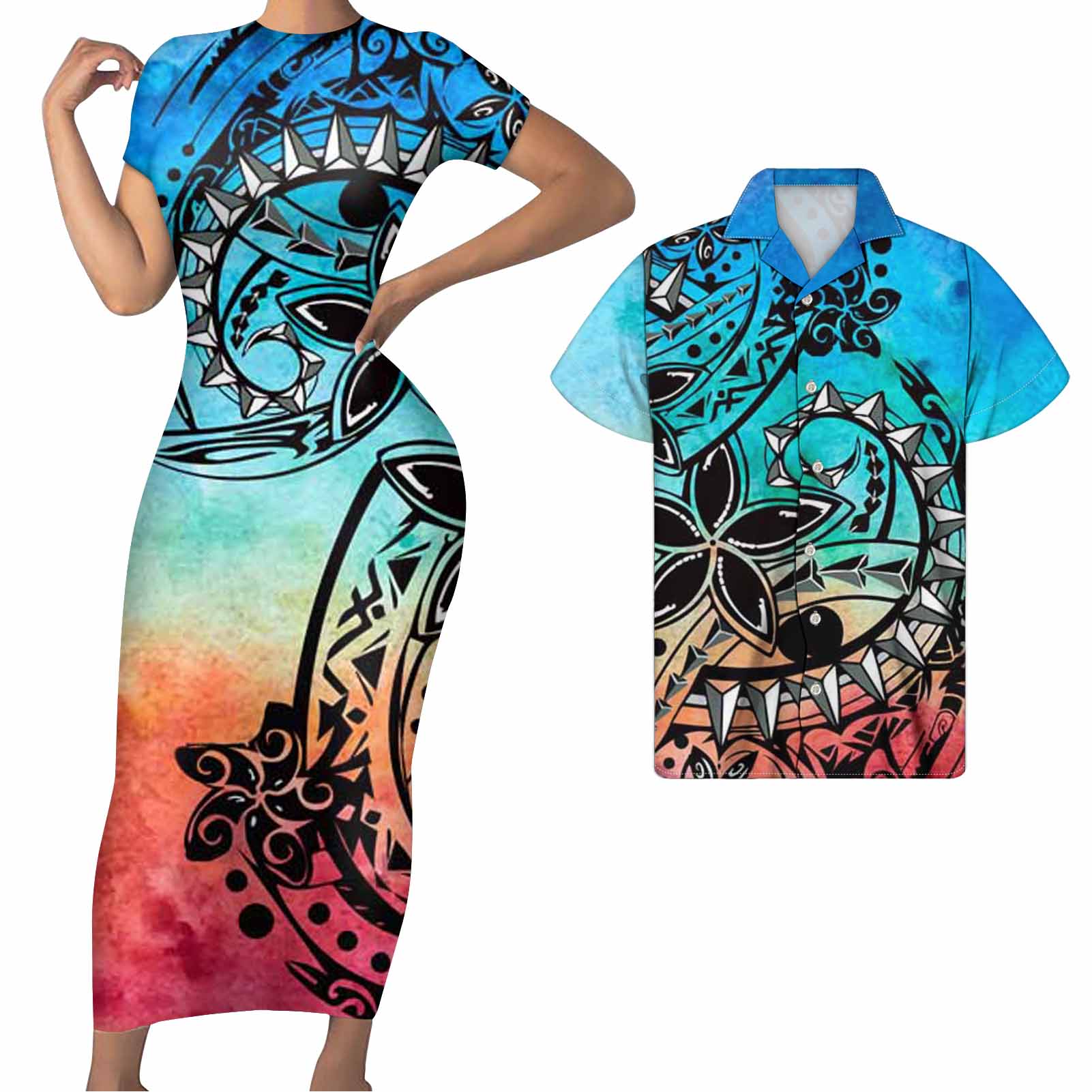 Polynesian Pride Matching Outfit For Couples Hawaii Flowers Tattoo Pattern Bodycon Dress And Hawaii Shirt - Polynesian Pride